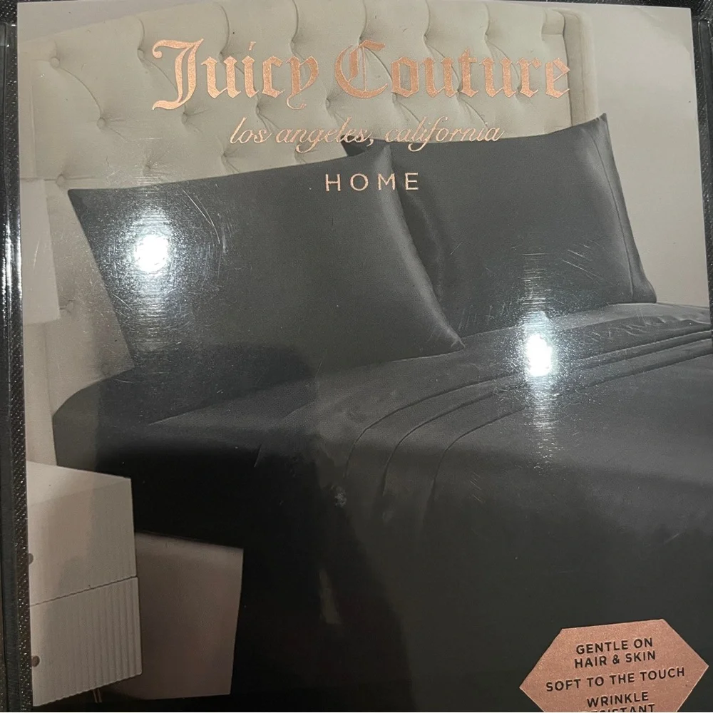 NEW Juicy Couture Home‎ Black Satin King Pillowcase Set 2pc The Rosé Collection